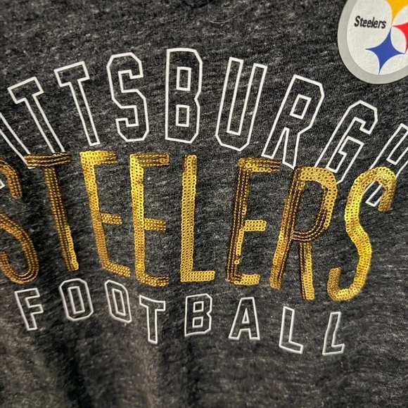 Pittsburgh Steelers Women's Gray V-Neck Tee Steel City Black & Gold Bling - Picture 2 of 4